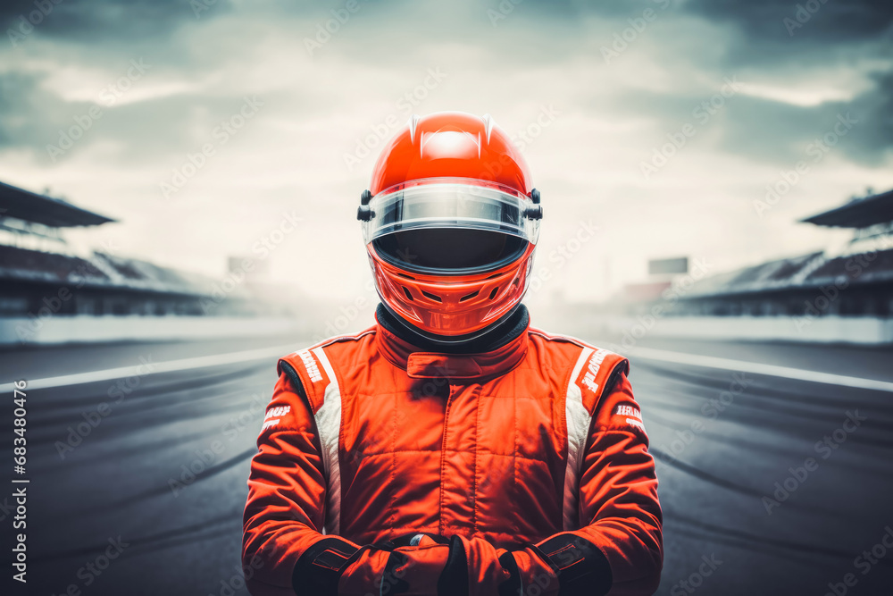 Portrait of formula one racing driver looking focus with safety helmet and uniform on before the start of competition or racing tournament - obrazy, fototapety, plakaty 