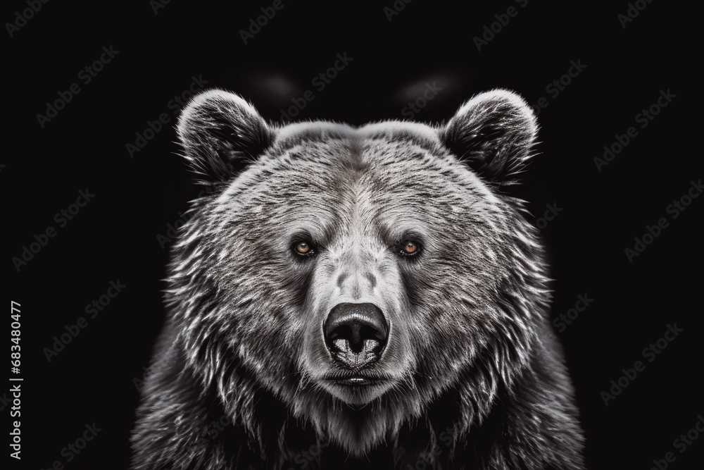 Front view of brown bear isolated on black background, close up profile of big scary bear looking at camera with no background Front view of brown bear isolated on black background, close up profile of big scary bear looking at camera with no background