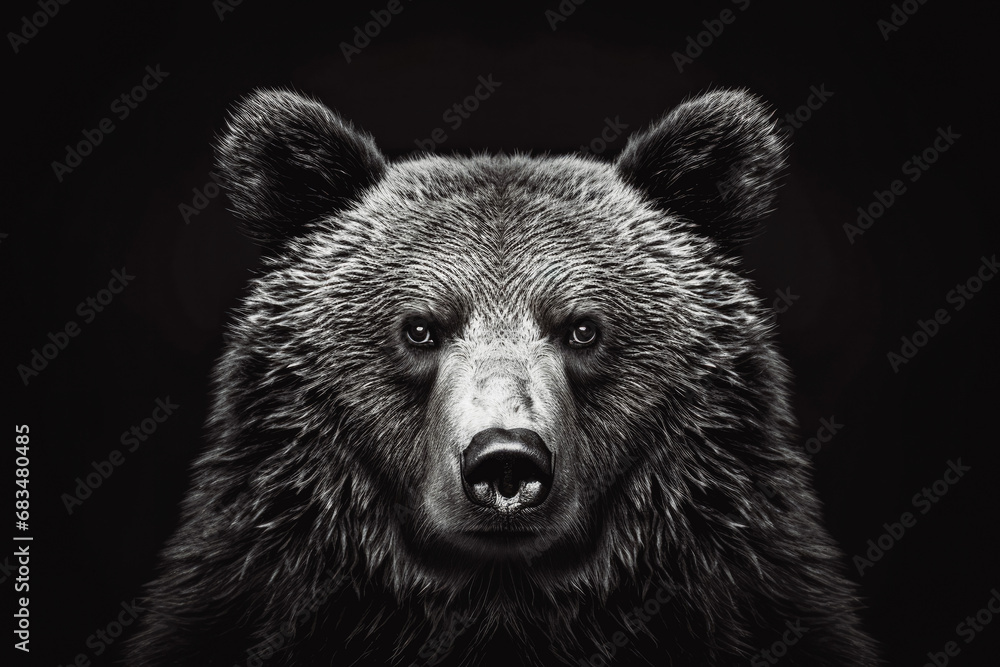 Front view of brown bear isolated on black background, close up profile of big scary bear looking at camera with no background