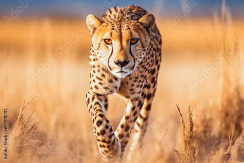 Shot of beautiful cheetah spotting and stalking for prey on savanna ground, close up shot of dangerous cheetah searching for food in wild