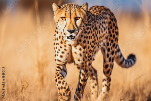 Shot of beautiful cheetah spotting and stalking for prey on savanna ground, close up shot of dangerous cheetah searching for food in wild photo