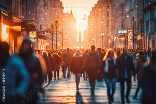Crowded blurred street in Europe with beautiful sunset in the background, groups of people hurrying through streets of big city in Europe