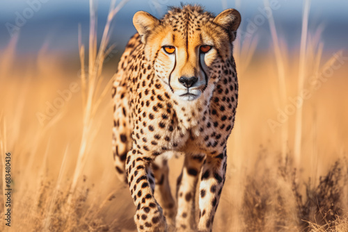 Shot of beautiful cheetah spotting and stalking for prey on savanna ground, close up shot of dangerous cheetah searching for food in wild