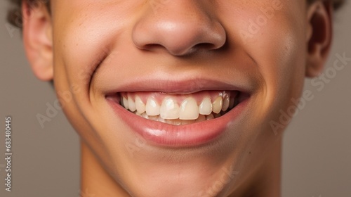 In a clear studio setting  a teen boy smiles brightly  showcasing his radiant teeth.