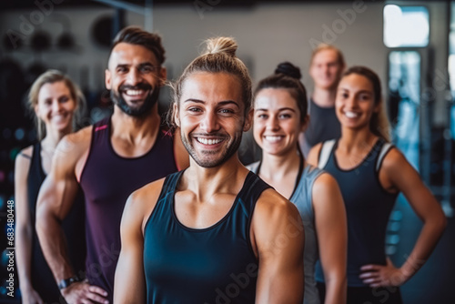 Group of people training together at fitness and enjoying workout, laughing at the gym while training with friends and colleges photo