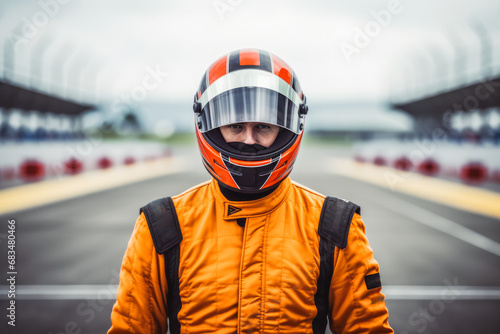 Portrait of formula one racing driver looking focus with safety helmet and uniform on before the start of competition or racing tournament © VisualProduction