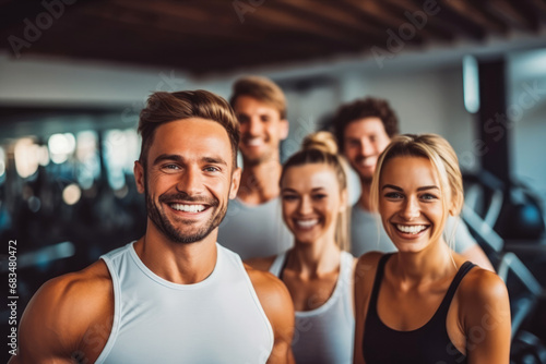 Group of people training together at fitness and enjoying workout, laughing at the gym while training with friends and colleges