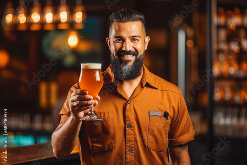 Handsome bartender holding a freshly tapped beer with pub in the background, concept of original beer pub in Ireland with freshly tapped beer