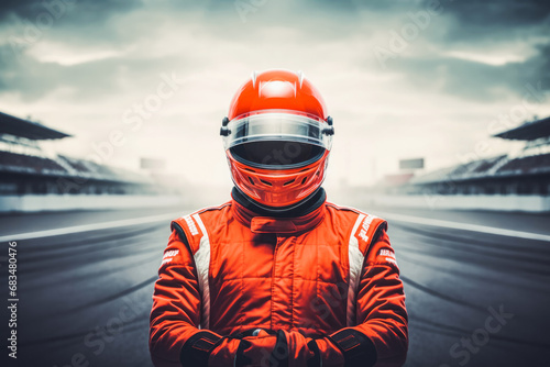 Portrait of formula one racing driver looking focus with safety helmet and uniform on before the start of competition or racing tournament photo