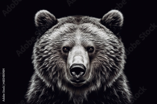 Front view of brown bear isolated on black background, close up profile of big scary bear looking at camera with no background