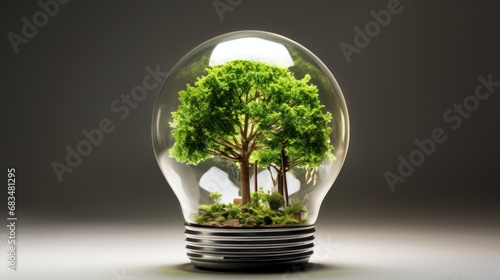  a light bulb with an image of a tree in the middle of the light bulb, on a dark background.