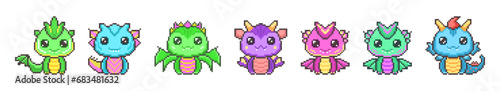 Cute colorful pixel dragons set. Kawaii purple funny dinosaur with green fantasy 8bit graphics and blue horns and legendary smiling little vector monsters © IRYNA