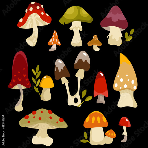 Collection of varieties of forest mushrooms useful and poisonous in grass with plants 