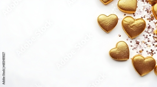 Elegant golden hearts and confetti on a white background, a romantic and luxurious decoration for Valentine's Day or weddings.