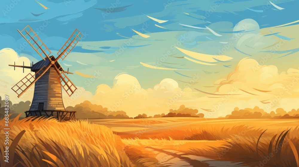  a painting of a windmill in the middle of a wheat field with a blue sky and clouds in the background.