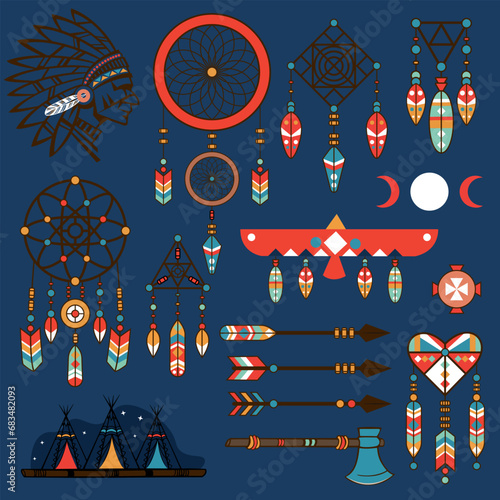 Collection of Boho style decorative elements with dream catcher feathers, Indian, arrows, axe, eagle totem, blue background, illustration, vector

