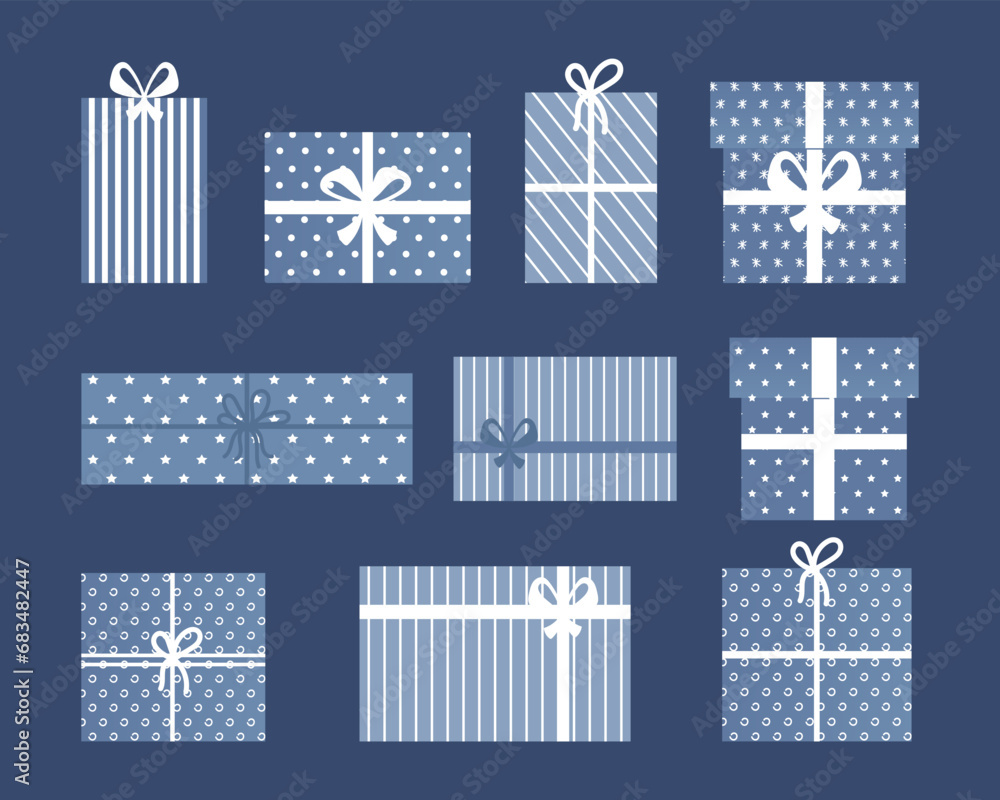 Seamless pattern, beautiful gift boxes with ribbons on a blue background. Print, holiday testille, vector Seamless pattern, beautiful gift boxes with ribbons on a blue background. Print, holiday testille, vector