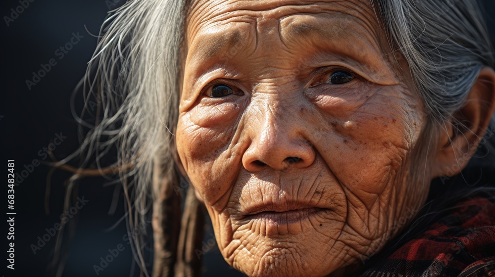 An asian old woman looking at the viewer