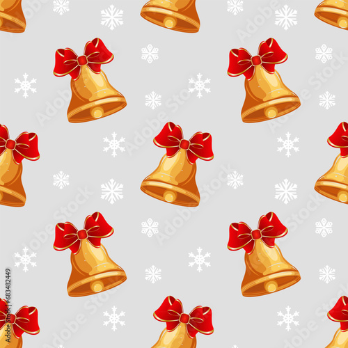 Seamless pattern, colorful christmas golden bells with red bow. Print, background, textile, vector
