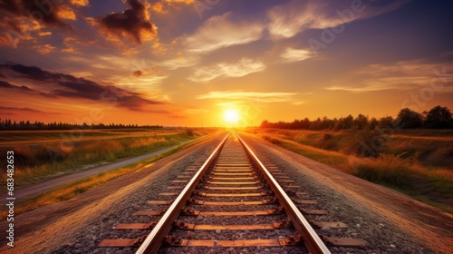  a train track with the sun setting in the middle of the sky over the grass and trees on the other side of the track.