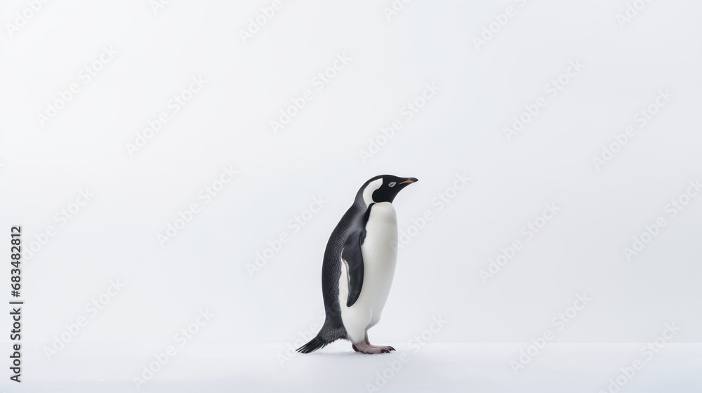 Obraz premium a black and white penguin standing on top of a white floor next to a black and white penguin on a white background.