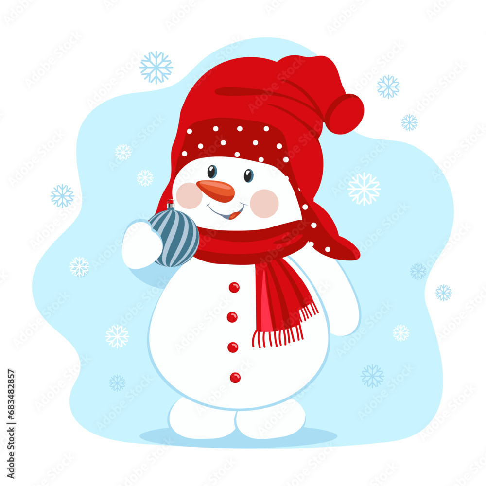 Cute snowman in a snowy forest in a Christmas glass ball. Postcard, vector Cute snowman in a snowy forest in a Christmas glass ball. Postcard, vector