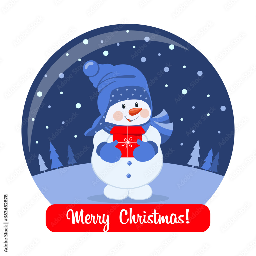 Cute snowman with a gift box in a Christmas glass ball and a congratulatory text. Postcard, vector