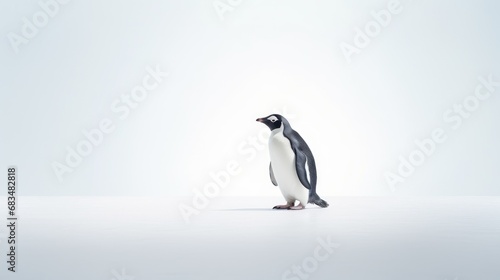  a black and white penguin standing in the middle of a white floor with a light blue sky in the background.