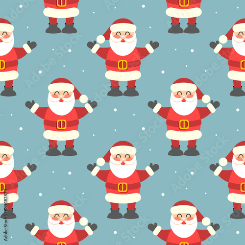 Seamless pattern, cute funny Santa on a blue background with snowflakes. Christmas print, textile, background, vector © Tatiana