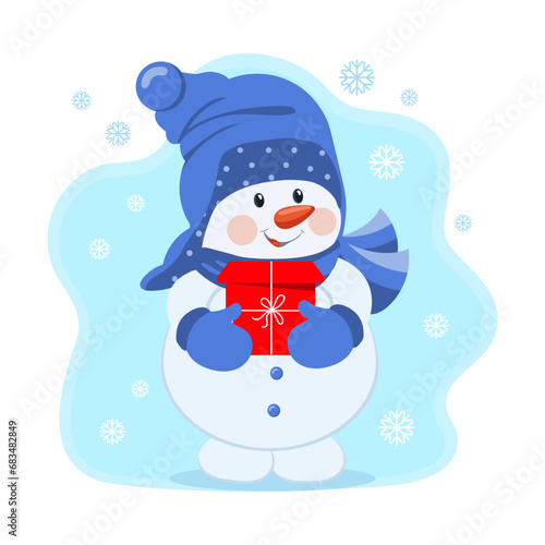 Cute snowman with a gift box. Christmas Postcard  vector
