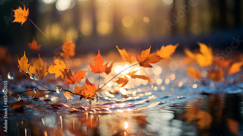 Falling maple leaves are blown away by the stream, autumn leaves on the water. Autumn landscape. Fall leaf. Maple leaf on the ground. Autumn leaves. Fall landscape. Cold month. Sunset. Orange leaf, 
