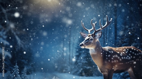  a deer standing in the middle of a snow covered forest with a light shining on it's antlers.
