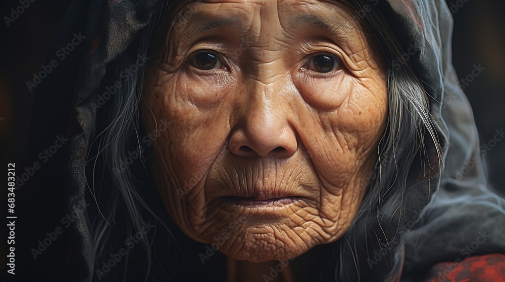 An asian old woman looking at the viewer An asian old woman looking at the viewer