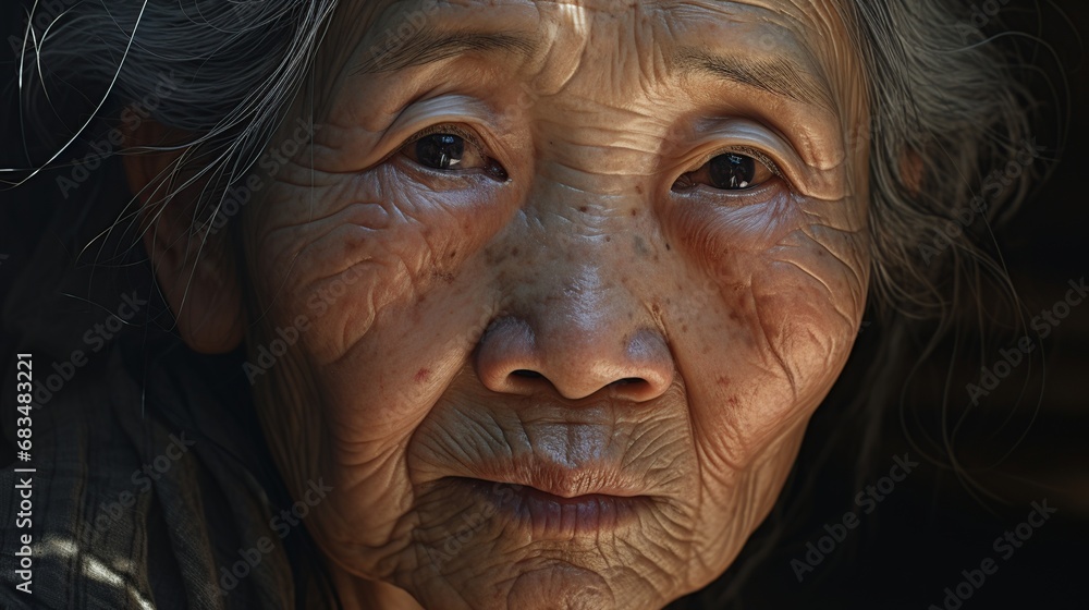 An asian old woman looking at the viewer An asian old woman looking at the viewer