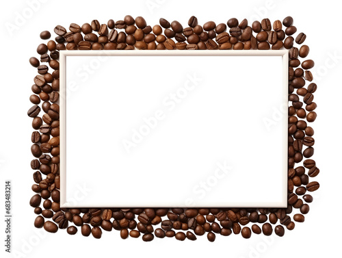 Roasted coffee beans arranged in a frame on white