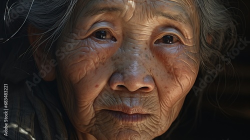 An asian old woman looking at the viewer