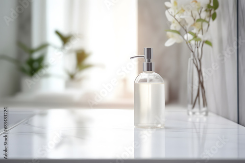 Bathroom scene with white counter with soap dispenser and coy space