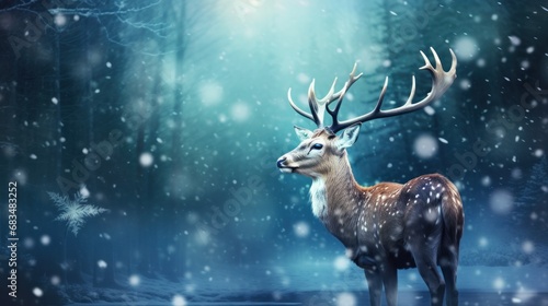  a deer standing in the middle of a forest with snow falling on it's antlers and trees in the background.