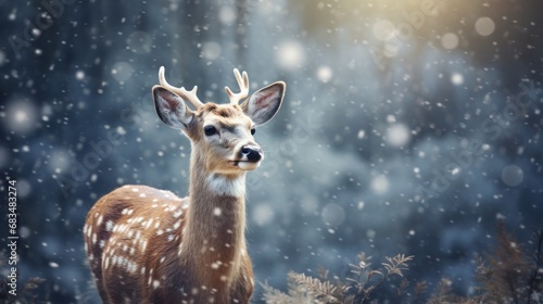  a deer standing in the middle of a forest with snow falling down on it's head and antlers in the foreground. © Anna