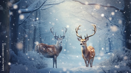  a couple of deer standing next to each other on a snow covered forest filled with lots of snowflakes.