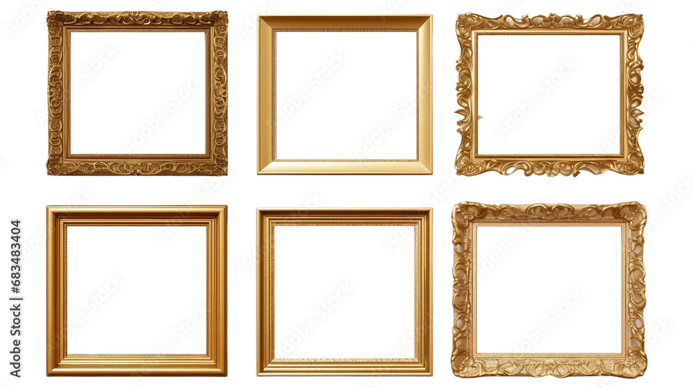 A set of luxurious picture frames featuring elegant gold finishes, in various designs and sizes, each with intricate details and textures. A set of luxurious picture frames featuring elegant gold finishes, in various designs and sizes, each with intricate details and textures.