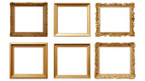 A set of luxurious picture frames featuring elegant gold finishes, in various designs and sizes, each with intricate details and textures.
