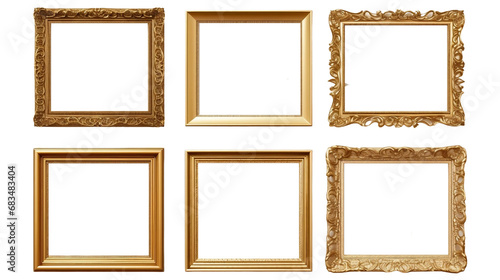 A set of luxurious picture frames featuring elegant gold finishes, in various designs and sizes, each with intricate details and textures.