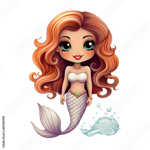 Cute cartoon little mermaid princess  cheerful little girl  white background