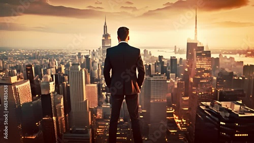 Video AI Businessman on top of building with beautiful city, King of Businessman concept photo