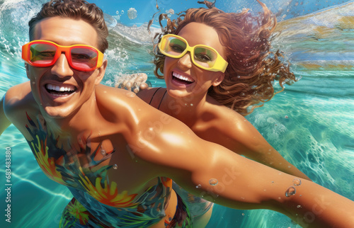 Wallpaper Mural cheerful young couple dressed in swimming suits swim in the sea.  Torontodigital.ca