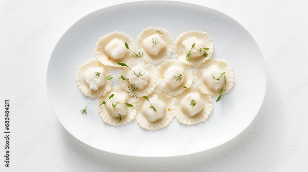 a white plate topped with ravioli covered in cheese and garnished with a sprig of green. a white plate topped with ravioli covered in cheese and garnished with a sprig of green.