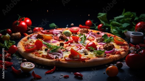  a pizza sitting on top of a table covered in lots of veggies and toppings on top of it.