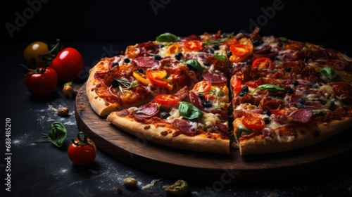  a pizza sitting on top of a wooden cutting board next to a pepperoni and pepperoni pizza on top of a wooden cutting board.
