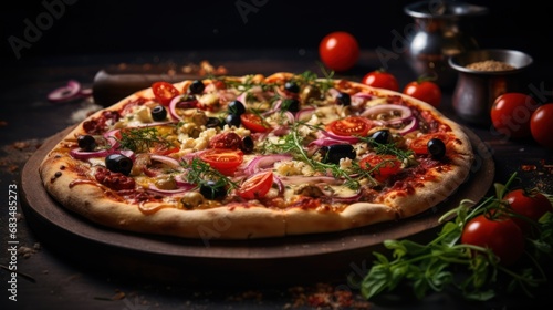  a pizza sitting on top of a wooden cutting board next to a bunch of tomatoes and other vegetables on a table.